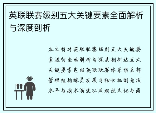 英联联赛级别五大关键要素全面解析与深度剖析