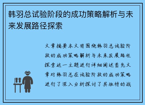 韩羽总试验阶段的成功策略解析与未来发展路径探索