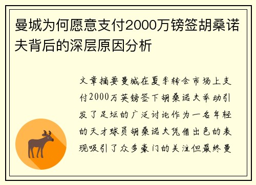 曼城为何愿意支付2000万镑签胡桑诺夫背后的深层原因分析